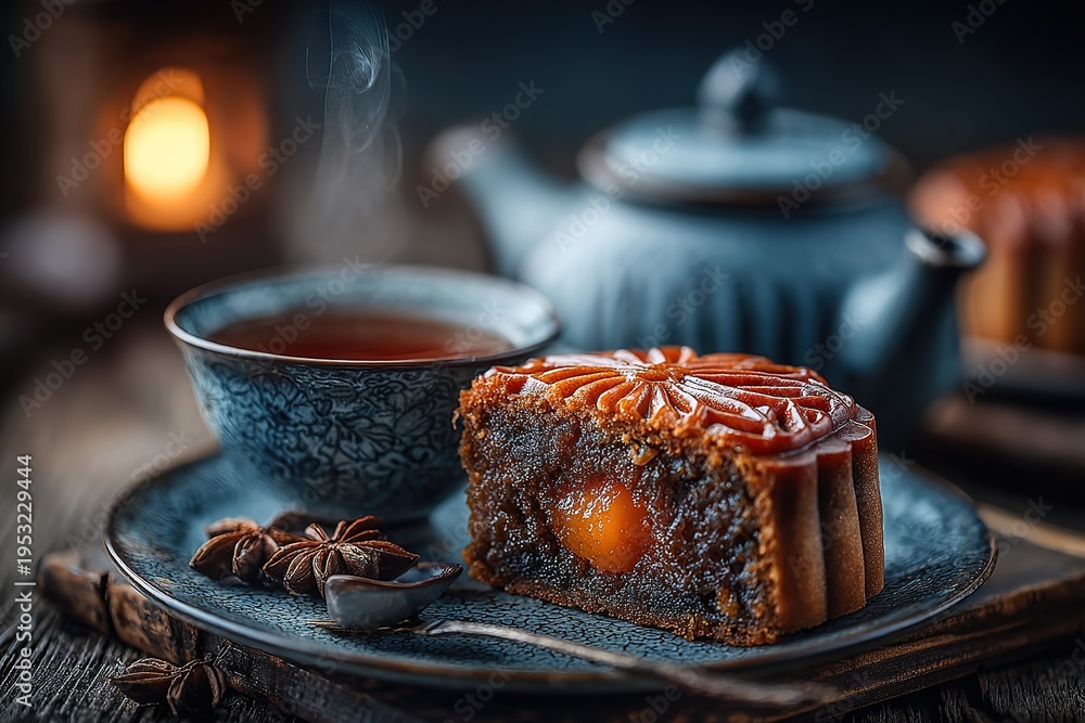 Half-moon cakes with salted egg yolks sit on a vintage ceramic plate, a ...