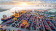 © Travel mania - Aerial view and top view Logistics and transportation of Container Cargo ship and Cargo plane with working crane bridge in shipyard at sunrise, logistic import export and transport industry background
