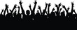 © MstMarufa - Black crowd silhouette with raised hands at concert festival or party isolated on white background, cheering people audience flat vector illustration for event promotion