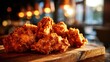 © Anat art - Fried chicken pieces sit on a wooden board under warm light in a restaurant. The setting is vibrant and ready for diners to enjoy a meal.