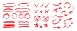 © Polina Tomtosova - Line marker highlight, arrow, check mark red set. Line red marker hand drawn pen brush stroke underline check. Star oval sticker sign note scribble emphasis icon element. Vector illustration