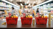 © AucArtStudio - Grocery basket food price inflation worry in supermarket aisle background blur