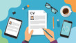 © Shiuli - Flat lay workspace showing a person signing a curriculum vitae document surrounded by electronic devices, glasses, and coffee cup.