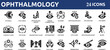 © Deloara - Ophthalmology 24 icon set, medical eye care, optometry and vision correction vector symbol.