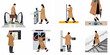 © Renzo - Collection of flat illustrations showing a man and a woman in beige trench coats commuting through subway stations and using public transportation.