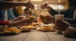 © bambang - Group of diverse friends enjoying a casual fast food meal together, sharing burgers, crispy fries, and refreshing drinks at a bustling restaurant table, captured in a candid moment