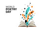 © Fasuga - Vector illustration of an open book with colorful artistic elements and music notes for World Poetry Day celebration on a white background.