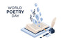© Fasuga - Isometric illustration of a World Poetry Day celebration with an open book, quill pen, and musical notes on a white background, conveying a poetry writing concept with blue accents.