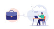 © Saima - Remote work and cloud computing professional concept featuring man with mask working on laptop and briefcase icon.