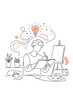 © SJartsCreativeStudio - Minimalist one line art illustration of artist brainstorming in studio with coral accent