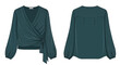 © Zor - Teal wrap blouse illustration. Elegant v-neck, long full sleeves, adjustable side tie closure. Front and back views for modern apparel design