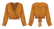 © Zor - Stylish women's wrap blouse technical flat sketch with tie-back detail and long sleeves, rendered in warm brown hue