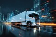 © Pavel - Nighttime city scene with a white truck driving through glowing streets in a busy urban setting