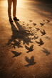 © jithin - Man's Shadow Transforming into Flying Birds on Pavement – Freedom and Imagination Concept