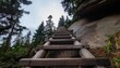 © Lovita - A long wooden ladder ascends steeply through a dense forest on a cloudy day, leading up a rocky mountain path.