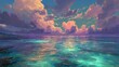 © Qais - Dreamy fantasy seascape with glowing ocean waters and vibrant pink clouds at sunset