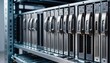 © hobonski - Medium angled shot of a server chassis showing a repetitive vertical pattern of blade servers and metallic components.