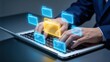 © Layla - Businessman typing on laptop with virtual file folders,cloud data storage management and digital document organization concept