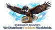 © Reza - Patriotic Bald Eagle in Tactical Helmet Delivering Freedom Box - Overnight Delivery Military Illustration with Funny Slogan