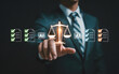 © SUMON - Businessman's hand points to a glowing scale of justice, flanked by document icons with green and orange checkmarks and 'AI' text, illustrating AI legal review and policy outcomes.