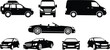 © Nayan Stock - Car silhouettes collection with sedan, SUV, van and convertible vehicles, modern transport black and white illustration set for automotive design