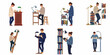 © Sri - Flat vector illustrations of students and scholars reading books and taking notes while standing at various desks and bookshelves in a library setting.