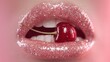 © Руслан Хайруллин - Bright lips hold cherry showing close-up of mouth with shiny gloss in soft lighting and bright colors in background