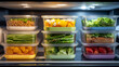 © forenna - Colorful meal prep containers arranged in refrigerator shelves labeled with days and macro counts for upcoming week, ideal for organized nutrition planning, healthy eating preparation system,