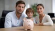 © Bussakon - A family gathers around a piggy bank symbolizing financial planning and future security in a modern setting