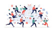 © Dya - Busy business people running with laptops and documents symbolizing multitasking and productivity.
