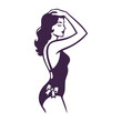 © teracreonte - Logotipo con dibujo con líneas de una mujer con bikini de estilo retro con un nudo de lazo, posando de pie de perfil con una mano en la cabeza