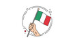 © Halima - Illustration shows a hand holding the national flag of Italy on a pole, enclosed within a circular border with decorative dots and shapes.
