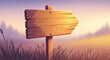© TriAndi - A wooden signpost stands in a serene natural landscape with grass and a sunset background indicating no specific direction.