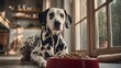 © LifeFree studio - Dalmatian resting beside a bowl of dog food in warm brown, black, and cream tones