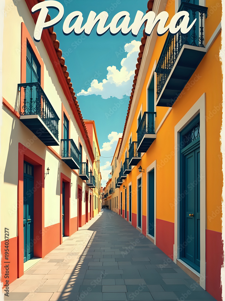 Narrow street stretches between rows of colorful buildings in Panama. The buildings have balconies and doors. A blue sky with clouds is overhead. The scene shows life in a busy area.