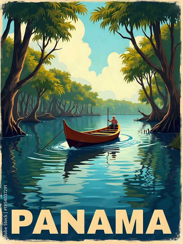 A person is paddling a boat in clear blue waters in Panama. Tall trees line the shore. The sky shows soft clouds. The scene captures a moment of nature and local life in the region.