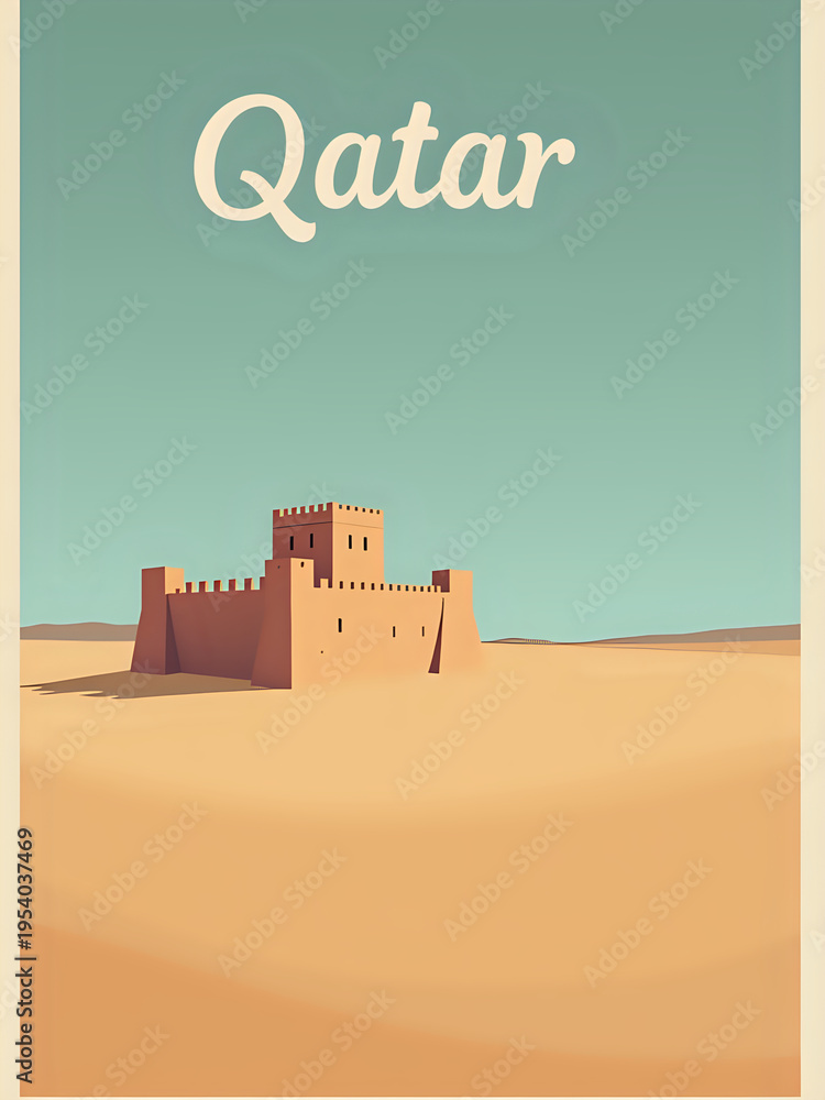 A castle stands alone in a desert area in Qatar. The sky is clear and bright. The sand surrounds the castle. The scene shows a vast and open landscape with no people around.