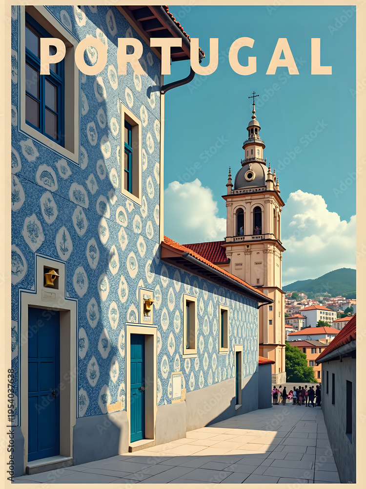 A narrow street in Portugal. There are blue patterned buildings and a tall church tower in the background. People walk along the street under a clear sky.