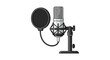 © Tilotoma - A studio condenser microphone with a pop filter and shock mount is affixed to a desk stand on a white background.