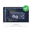 © kiemie - Coding success: Computer screen displays code with settings panel and a green checkmark.