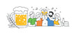 © Crank - Festive brewery atmosphere illustration where a small group of people cheers beside a large beer mug and a simple barley grain branch, representing traditional brewing culture