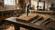 © ThePixLab - A glowing 3D printing pen draws an intricate filigree structural support onto real oak wood beside traditional woodworking tools in a dusty sun-dappled workshop