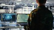 © DC Studio - Army specialist in data center integrating AI into radar systems for missile tracking. Military soldier in server room analyzing aerial movement through artificial intelligence systems, camera B