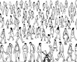 © Hartoyo - Long Horizontal Illustration of People Walking in Sequence Representing Daily Commute, Crowd Behavior and Modern City Life baground pattern.