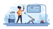© Lucas - A diverse engineer standing next to a robot with a lightbulb in hand, surrounded by technical diagrams and equipment in a modern workshop.