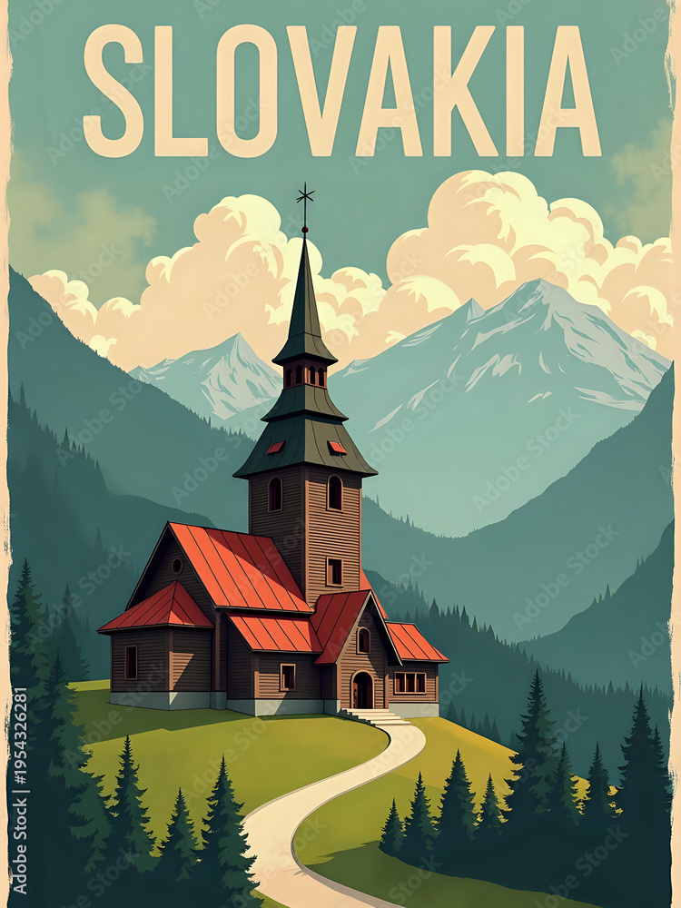 The wooden church sits on a green hill with a winding path leading up to it. Behind the church, there are tall mountains and a sky with clouds. This scene captures a rural area of Slovakia.