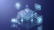 © Art_spiral - 3D isometric artificial intelligence platform with glowing AI cube layered data panels magnifier document chat and idea icons in blue glass design