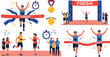© MdNazmul - Marathon finish line victory set with runners crossing finish tape medals and cheering crowd, running competition success concept vector illustration collection