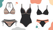 © James - Stylish collection of women swimwear featuring a bikini a one piece swimsuit and a bra with high waisted bottom in a modern fashion display.