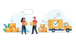 © James - Logistics and delivery concept illustration shows workers managing boxes and a shipping truck with a check mark.